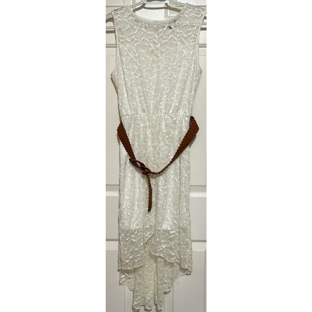 As U Wish Women's Hi Low Wrap Sleeveless White Dress w/Brown Dress Size L
